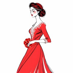 このイラストは、赤いドレスを身にまとった女性が優雅にポーズを取る姿を描いている。ドレスはオフショルダーで、ウエスト部分のドレープが美しく流れるデザイン。女性はティアラを身につけ、片手でそれを軽く押さえている仕草が上品さを引き立てている。赤と白の色使いが華やかさを強調し、洗練されたスタイルが印象的。