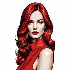 このイラストは、赤いロングドレスを着た女性が軽やかな動きで花を持つ優雅な姿を描いている。髪はアップスタイルで赤いリボンが装飾され、肩には斜めに流れるドレスのデザインが特徴的。全体にエレガントでロマンチックな雰囲気が漂う。