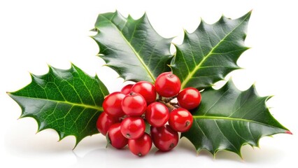 Fresh holly with ripe red berries isolated on a branch