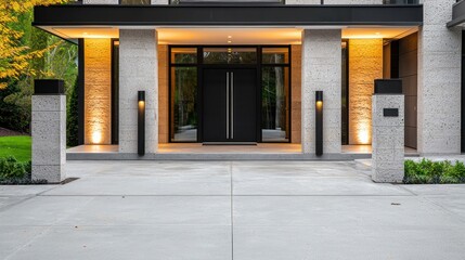 A grand black-framed door pairs with a contemporary concrete driveway and stone pillars for an elegant look.