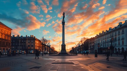 Naklejka premium Sunset over City Square with Monument and Clouds