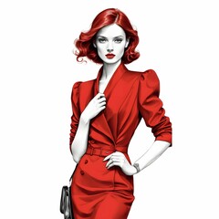 このイラストは、赤いエレガントなドレスをまとった女性を描いている。ドレスはウエストラインが強調され、スリムなシルエットが特徴的。肩には流れるようなデザインが施され、髪はふんわりとしたウェーブスタイルで上品な雰囲気を引き立てている。全体に洗練された魅力が漂う。