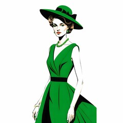 このイラストには、緑色のエレガントなドレスと大きな帽子を身に着けた女性が描かれている。彼女の姿勢は優雅で、装飾的なイヤリングが印象的であり、スタイリッシュなファッションが際立っている。全体的に洗練された雰囲気が漂う。
