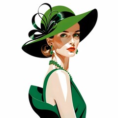 このイラストには、鮮やかな緑色のドレスをまとった女性が描かれている。ドレスの大胆なデザインが目を引き、肩のリボンが華やかさを演出している。彼女の表情は自信に満ち、アクセサリーが洗練された印象を与えている。