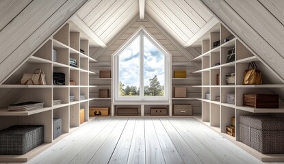 Cozy attic closet with built-in shelves, skylight, and Scandinavian-design decor.