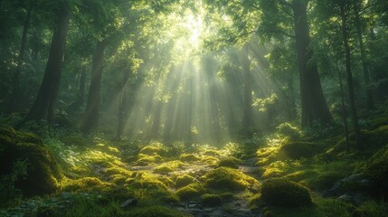 Fototapeta premium Sunbeams illuminate mossy forest path.