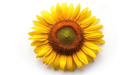 Fototapeta premium Single sunflower isolated on white background showcasing its bright yellow petals and green leaves