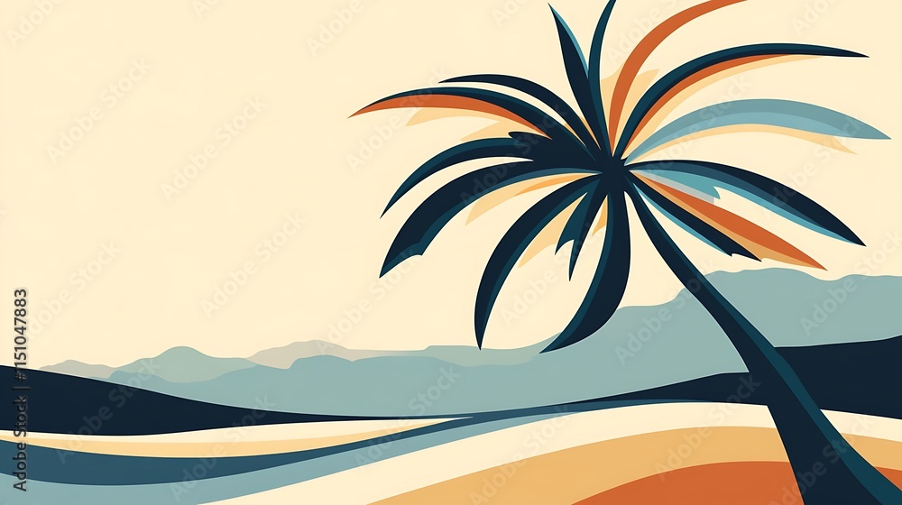 Poster retro palm tree with hills.