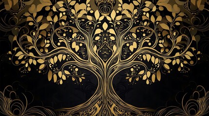 Golden tree art on dark backdrop.