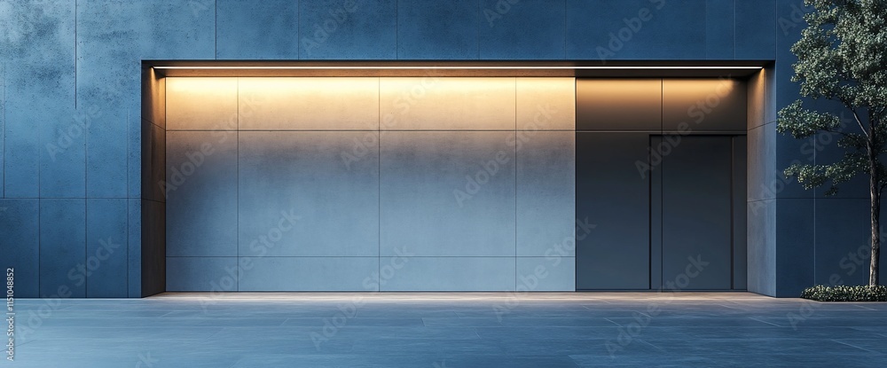 Poster a minimalist modern facade with soft lighting and a tree accent.