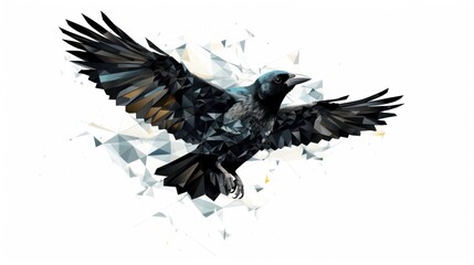 Geometric crow in flight, polygonal art.