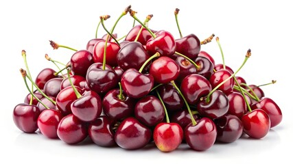 Cherries in a bowl on a white background with fresh and ripe red berries