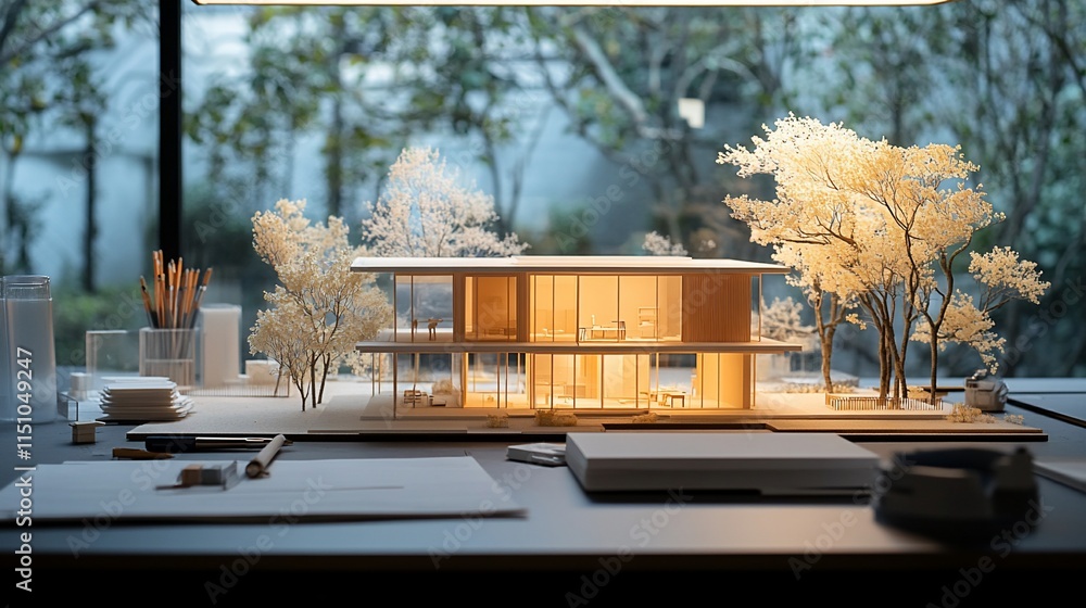 Poster a model of a modern house with trees and a workspace setup.