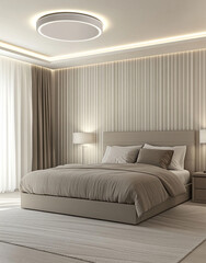 Fototapeta premium A modern and minimalist bedroom with a large gray upholstered bed, white walls with vertical striped paneling, and sheer curtains covering the windows