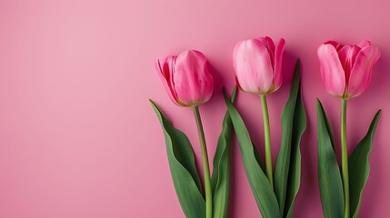 Pink Tulips with Green Leaves on Pink Background