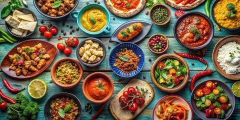 Fototapeta premium Vibrant array of mouthwatering dishes at a colorful spread, food photography, appetizing, delicious, buffet, gourmet, vibrant