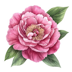 Illustration of Beautiful Pink Peony Flower with Leaves Isolated on Transparent Background