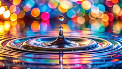 Water drop creating ripple effect in pool with colorful bokeh background, water, drop, ripple, effect, pool, colorful