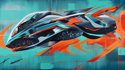 Abstract art, futuristic vehicle, bright colors.