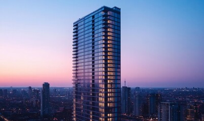 Obraz premium A modern skyscraper illuminated at sunset against an urban skyline.