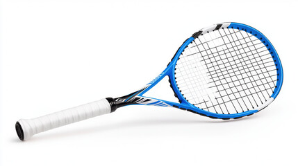 Lightweight badminton racket in metallic blue and white design, perfect for play