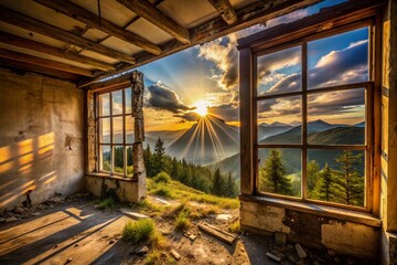 Fototapeta premium Abandoned Building Sunbeams Windows Landscape Photography AI Art