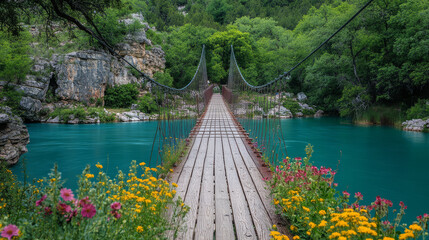 beautiful swing bridge gracefully spanning tranquil turquoise river, surrounded by lush greenery and vibrant wildflowers, creating serene and picturesque landscape