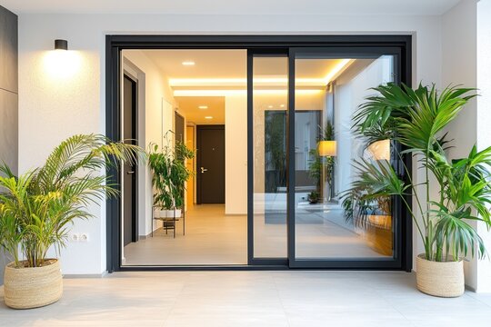 Sleek apartment entrance with sliding glass doors, potted plants, and a minimalist design approach.