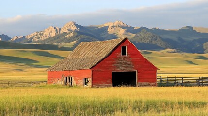 Obraz premium Red barn and mountains.