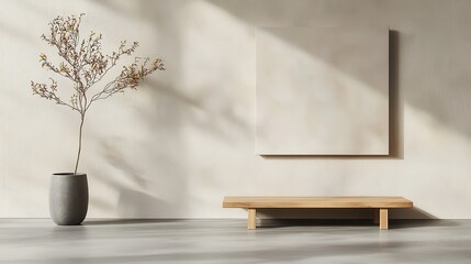 Bamboo furniture is eco-friendly. Minimalist interior with a plant and empty wall space.