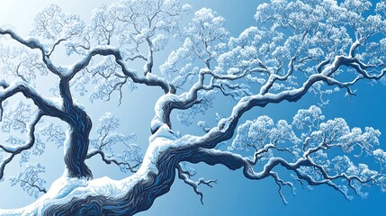 Snowy tree with blue sky.