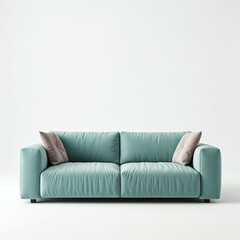 mint green sofa with two beige pillows on a white background in a modern minimalist living room