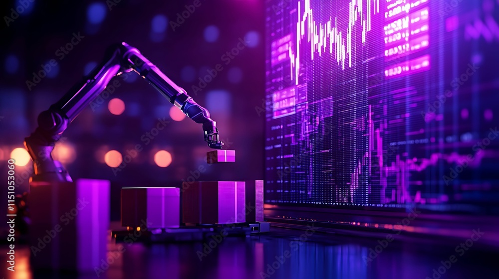 Poster logistic management logistics planning technology concept, a robotic arm interacts with digital grap