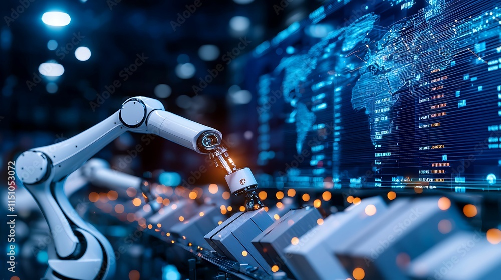 Poster logistic management logistics planning technology concept, a robotic arm interacts with a digital in