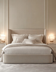 A cozy and elegant bedroom with a large, plush white bed with a tufted headboard, flanked by two nightstands with lamps, and a neutral-toned wall with decorative molding