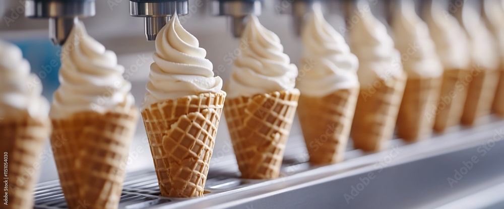 Poster a row of ice cream cones with soft serve, ready to be served.