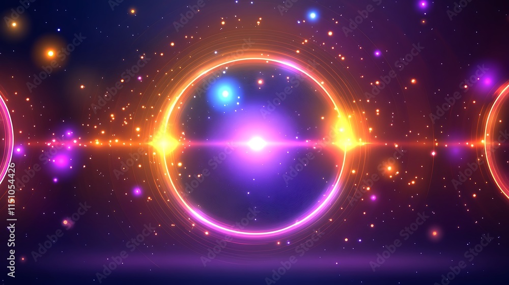 Poster abstract rings of light in space with colorful reflections.
