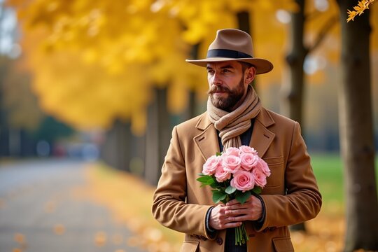 Elegant Man in Autumn Park Holding Pink Roses, Perfect for Romantic or Fall-Themed Advertisements. - Powered by Adobe