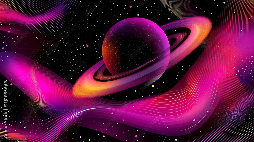 Poster abstract cosmic art depicting a vibrant planet with rings in a swirling nebula.