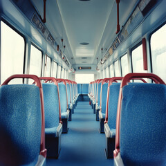 bus interior featuring blue seats and clean, spacious layout. bright atmosphere invites passengers to relax during their journey