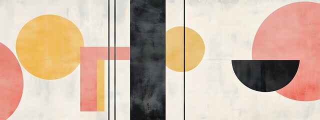 Abstract geometric art with circles, rectangles, and lines in muted tones on a textured background.