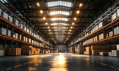 Obraz premium A spacious industrial warehouse with shelves and boxes, illuminated by overhead lights.