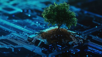 Obraz premium Tree with soil growing on the converging point of computer circuit board. Blue light and wireframe network background. Green Computing, Green Technology, Green IT, csr, and IT ethics Concept. 