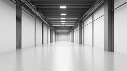 A spacious, minimalistic interior of a modern industrial warehouse.