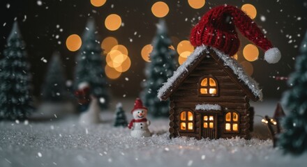 Fototapeta premium Miniature cozy winter cabin, red knitted hat on roof, snowy scene, warm glow from windows
