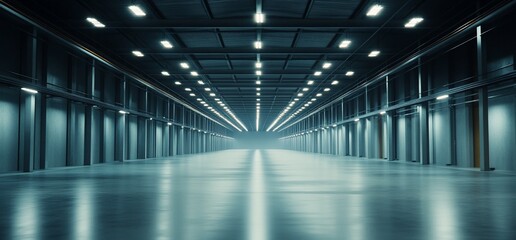 Naklejka premium A spacious, modern industrial interior with bright lighting and polished flooring.