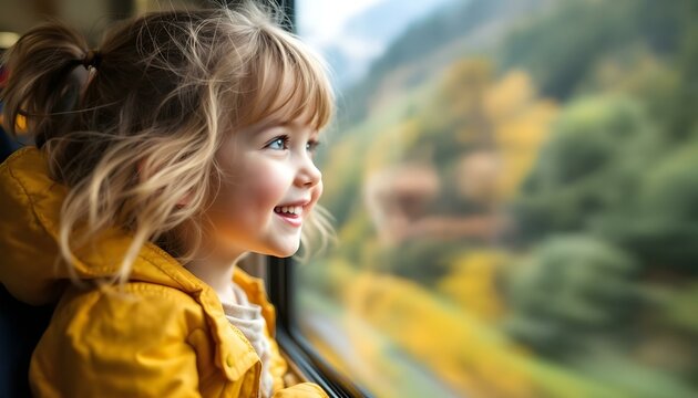 Ni&ntilde;a feliz mirando por la ventana del tren en movimiento, viajando por Europa