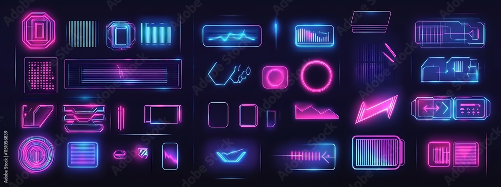 Poster neon ui elements, futuristic interface, digital design kit.