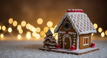 Gingerbread house, snow, winter scene, bokeh lights, soft focus, cozy atmosphere, festive