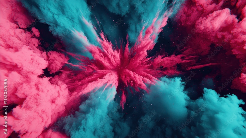 Poster a vibrant explosion of pink and turquoise clouds, creating a dynamic and colorful abstract pattern.